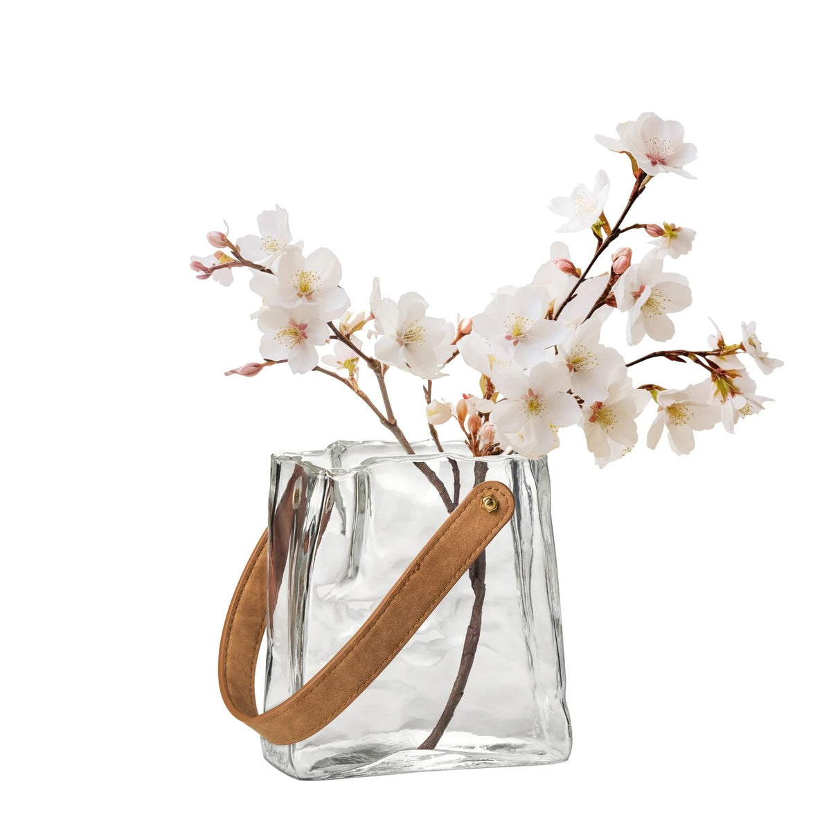 Vase Handbag Clear Glass 6.5h Vase with Faux Leather Handle