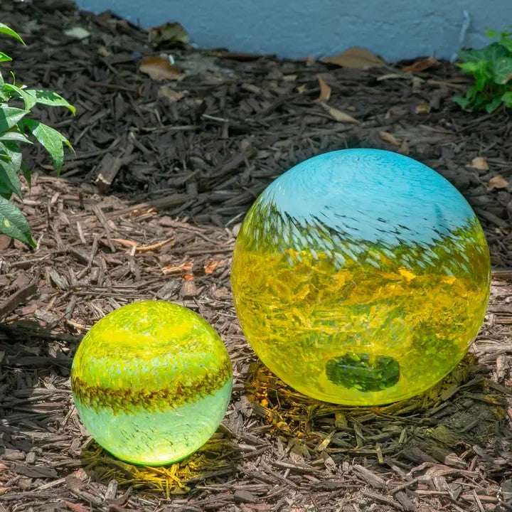 Solar LED Art Glass Orb light blue/yellow