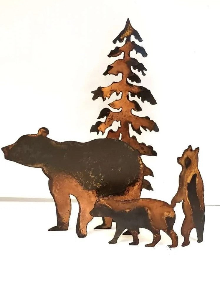 Metal Sculpture Bear Family Rustic