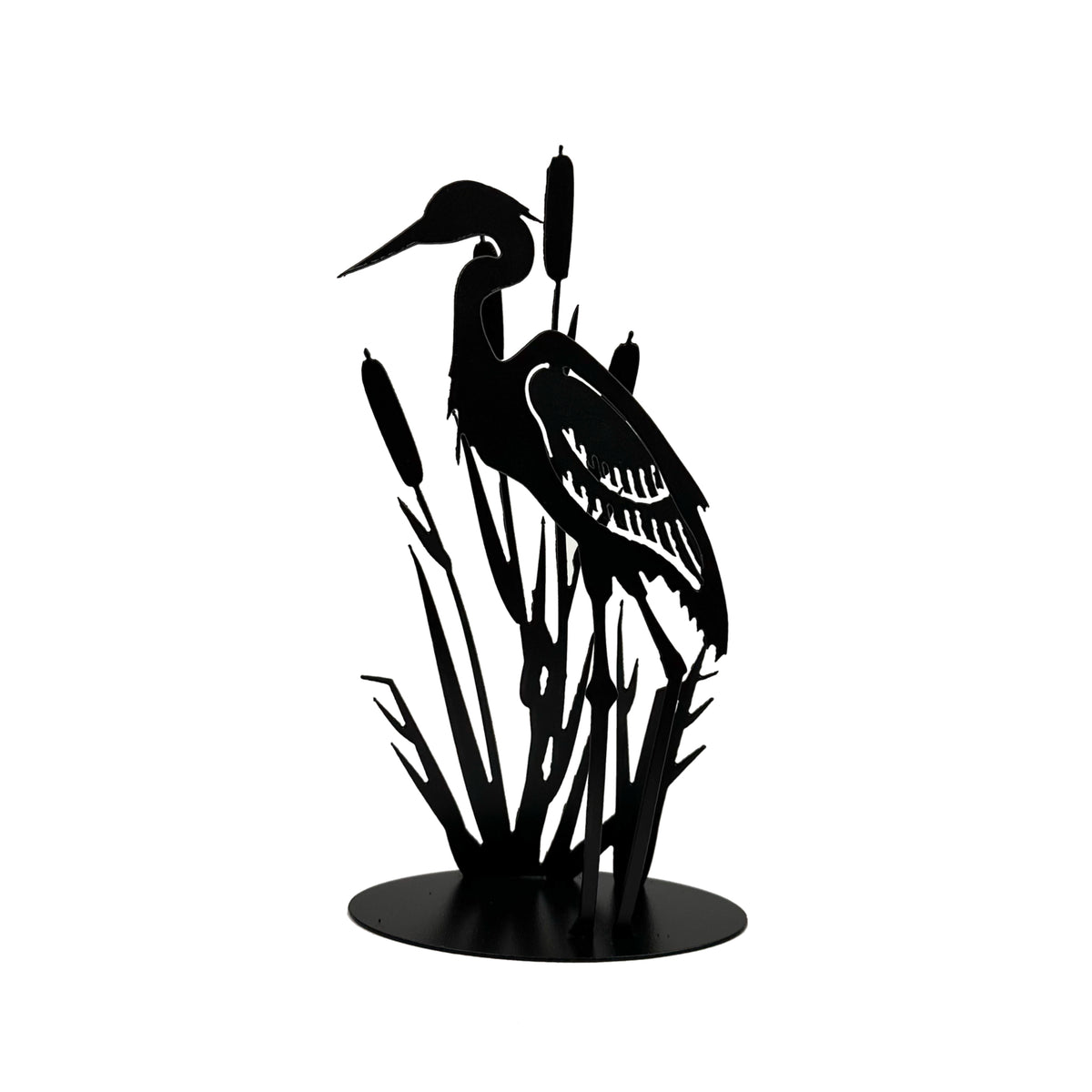 Metal Sculpture Heron w/Cattails - Black Metal Sculpture