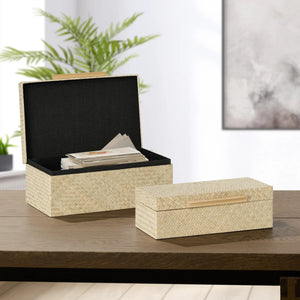 Pandan Natural Herringbone  Bamboo Handle Rectangle Storage Box