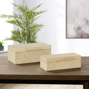 Pandan Natural Herringbone  Bamboo Handle Rectangle Storage Box