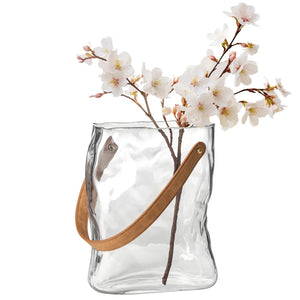 Vase Handbag Clear Glass 9.5h" with Faux Leather Handle