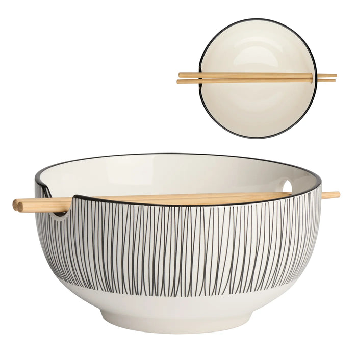 Kiri Porcelain 7" Diameter Noodle Bowl with Chopsticks - Black Line