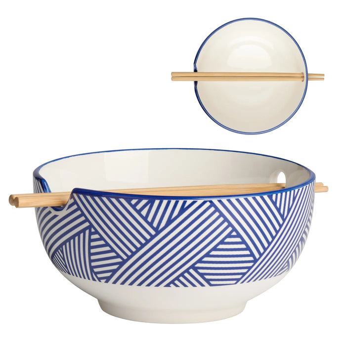 Kiri Porcelain 7" Diameter Noodle Bowl with Chopsticks - Blue Zen Weave