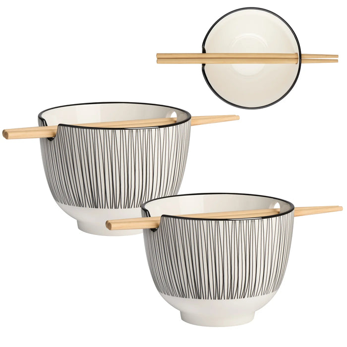 Kiri Porcelain Two Piece 5" Diameter Noodle Bowl with Chopsticks Set - Black Line