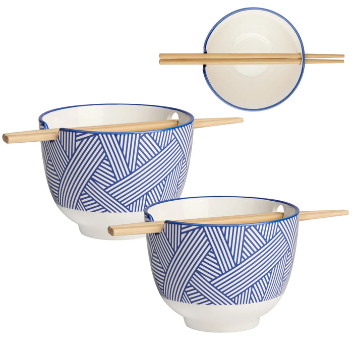 Kiri Porcelain Two Piece 5" Diameter Noodle Bowl with Chopsticks Set - Blue Zen Weave