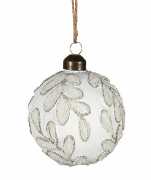 Orn Glass w Glitter Leaves (white)