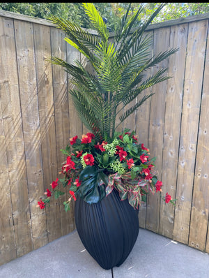 Summer Poolside Planter Red Hibiscus/Palm all UV protected faux N