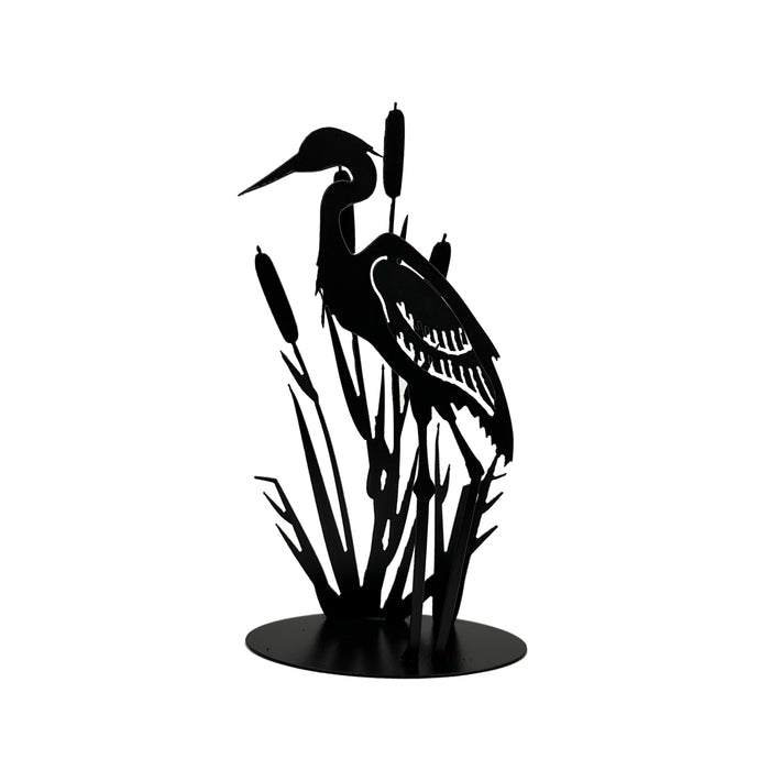 Heron w/Cattails - Black Metal Sculpture