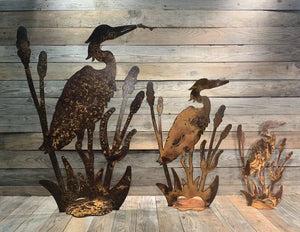 Heron with Bullrush Rustic Metal Sculpture-Not Just For The Garden | Metal Art | Décor for Homes, Walls and Gardens | Furniture | Custom Garden Planters and Flower Arrangements | Gifts | Best in KW