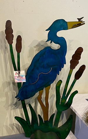 Heron with Bullrush Metal Sculpture Hand Painted-Not Just For The Garden | Metal Art | Décor for Homes, Walls and Gardens | Furniture | Custom Garden Planters and Flower Arrangements | Gifts | Best in KW