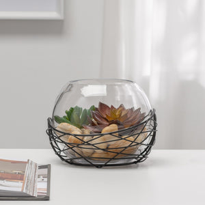 Vase 8in glass w/Wire Nest-Not Just For The Garden | Metal Art | Décor for Homes, Walls and Gardens | Furniture | Custom Garden Planters and Flower Arrangements | Gifts | Best in KW